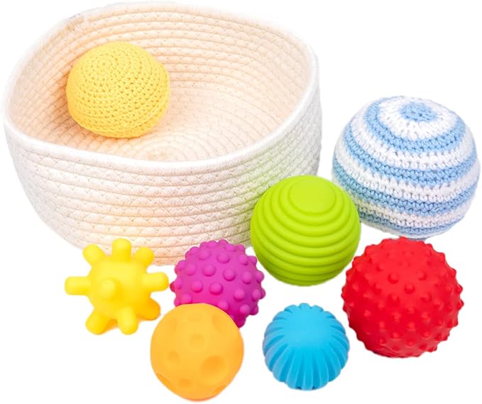 Adena Montessori 8 Pack Sensory Balls for Toddlers 1-3,Sensory Baby Toys 6-12 Months,Infant Educational Squeeze Sensory Toy Soft Multi Ball Set Gifts with Bright Color Textured with White Woven Basket-CubbioJoy