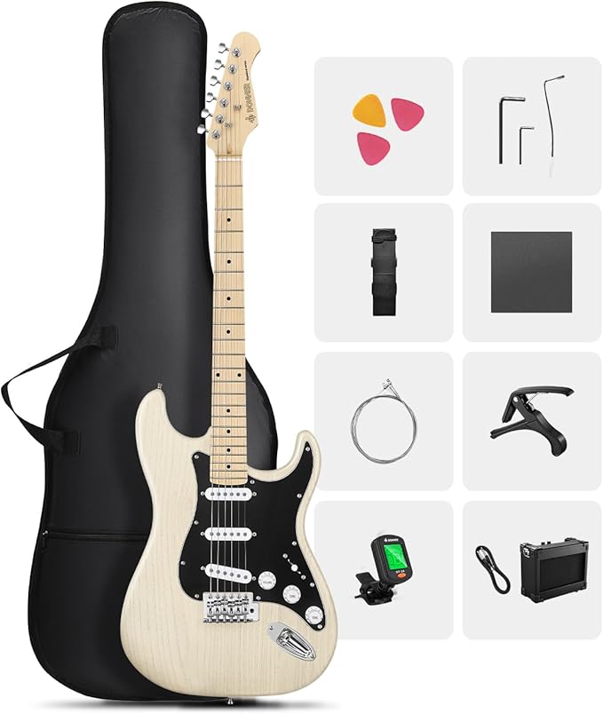 DONNER DST-80 Electric Guitar 39” Beginner Electric Guitar Kit with Amp, Classic SSS Pickup Complete with Gig Bag, Tuner, Capo, Strap, Picks, and Free Online Lessons, Bone White-CubbioJoy
