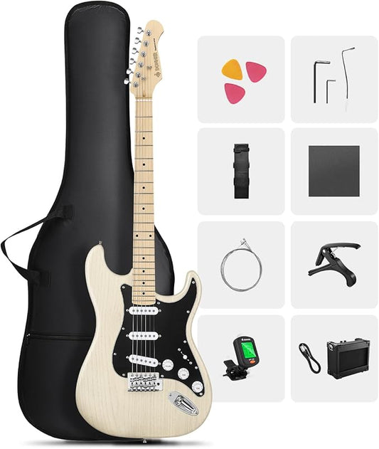 DONNER DST-80 Electric Guitar 39” Beginner Electric Guitar Kit with Amp, Classic SSS Pickup Complete with Gig Bag, Tuner, Capo, Strap, Picks, and Free Online Lessons, Bone White-CubbioJoy
