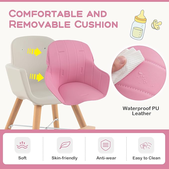BABY JOY Convertible Baby High Chair, 3 in 1 Wooden Highchair/Booster/Chair with Removable Tray, Adjustable Legs, 5-Point Harness, PU Cushion and Footrest for Baby, Infants, Toddlers (Pink)-CubbioJoy