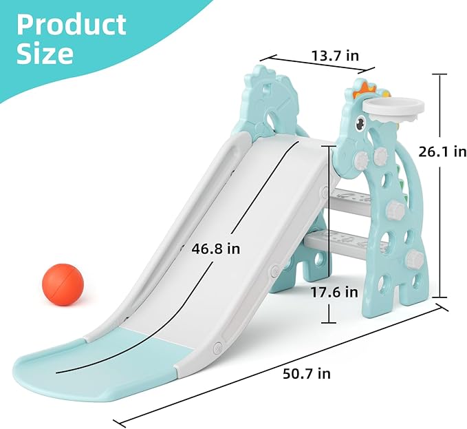 67i Toddler Slide for Indoor & Outdoor Play with Basketball Hoop, Anti-Slip Steps, 46.8in Baby Climber (Green)-CubbioJoy