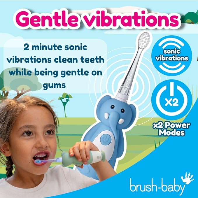 brush-baby WildOnes Kids Electric Rechargeable Toothbrush Elephant, 1 Handle, 3 Brush Heads, USB Charging Cable, for Ages 0-10 (Elephant)-CubbioJoy