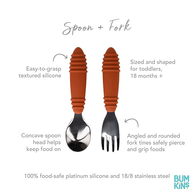 Bumkins Toddler Utensils, Kids Size Fork and Spoon Set, Silicone and Stainless-Steel Training Silverware, Angled Forks/Sporks for Self-Feeding, Children Hold Learning to Eat, 18 Months Up, Clay-CubbioJoy