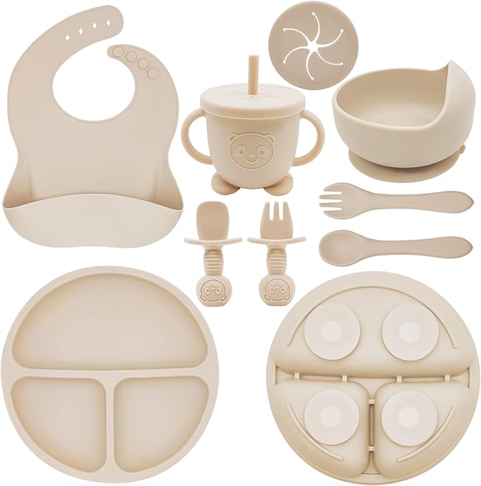 Silicone Baby Feeding Set | Baby Led Weaning Supplies Includes Suction Bowls and Divided Plates, Adjustable Bib, Baby Utensils Spoons and Forks,Cup | Baby Feeding Essentials (Beige)-CubbioJoy