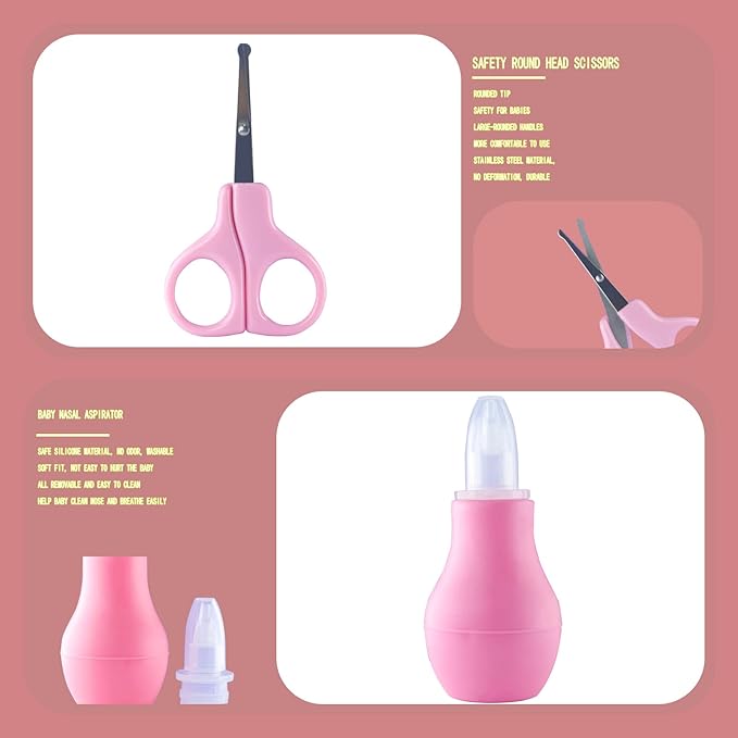Baby Grooming Kit, Baby Essentials for Newborns, Portable Baby Care Kit, Contains Baby Nail Clippers, Baby Comb, Baby Brush, Baby Ear Wax Removal Tool and More (10 in 1) (Pink)-CubbioJoy