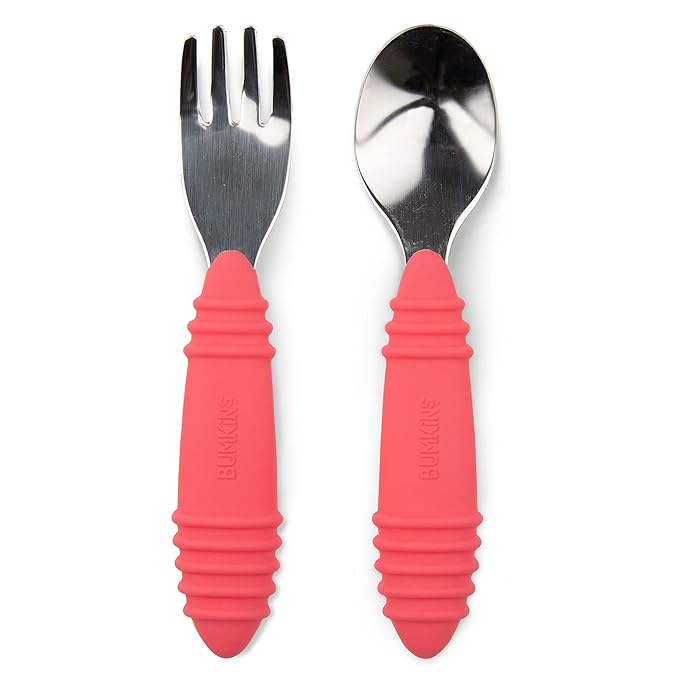 Bumkins Toddler Utensils, Kids Size Fork and Spoon Set, Silicone and Stainless-Steel Training Silverware, Angled Forks / Sporks for Self-Feeding, Children Hold Learning to Eat, 18 Months Up, Red-CubbioJoy