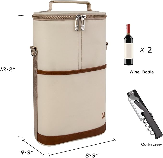 ALLCAMP 2 Bottle Wine Tote Carrier - Insulated Portable Padded Canvas Wine Bag for Travel, BYOB Restaurant, Wine Tasting, Party, Great Christmas Day Gift for Wine Lover，Cream-colored-CubbioJoy