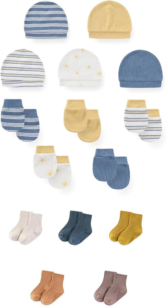 15 Pack Unisex New Born Boy Girls No Scratch Mittens Sets Cotton Soft Baby Gloves Hats socks Accessory 0-6 Months-CubbioJoy