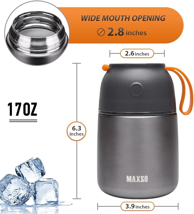 Insulated Thermo Food Jar for Hot & Cold Food for Kids Adult, 17&24 oz Soup Thermal Hot Food Containers for Lunch, Triple Layer Insulation Stainless Steel Food Jar with Spoon (2 Pack Grey)-CubbioJoy