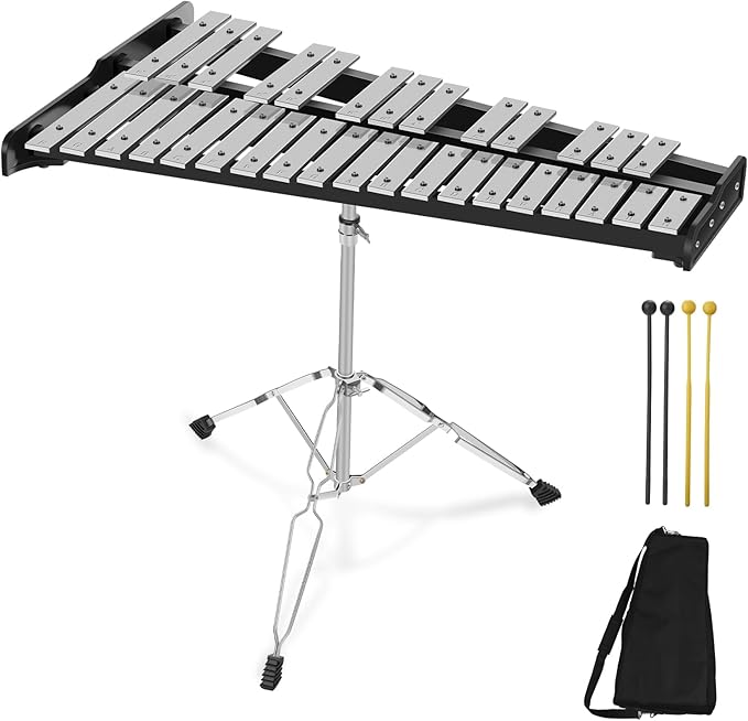 32 Note Glockenspiel Xylophone Percussion Kit with Height Adjustable Stand, Drumsticks and Carry Bag-CubbioJoy