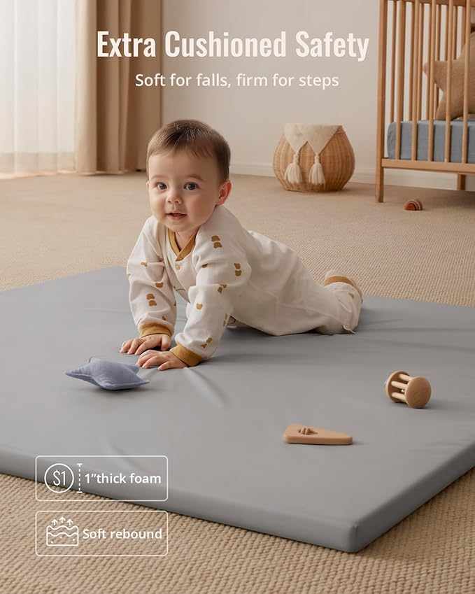 Blissful Diary Vegan Leather Baby Play Mat, 50x50 Thicken Foam Cushioned & Waterproof Playpen Mat for Infants and Toddlers, Stylish and Just Wipe-Clean Playmat for Baby Play on Floor, Light Gray-CubbioJoy