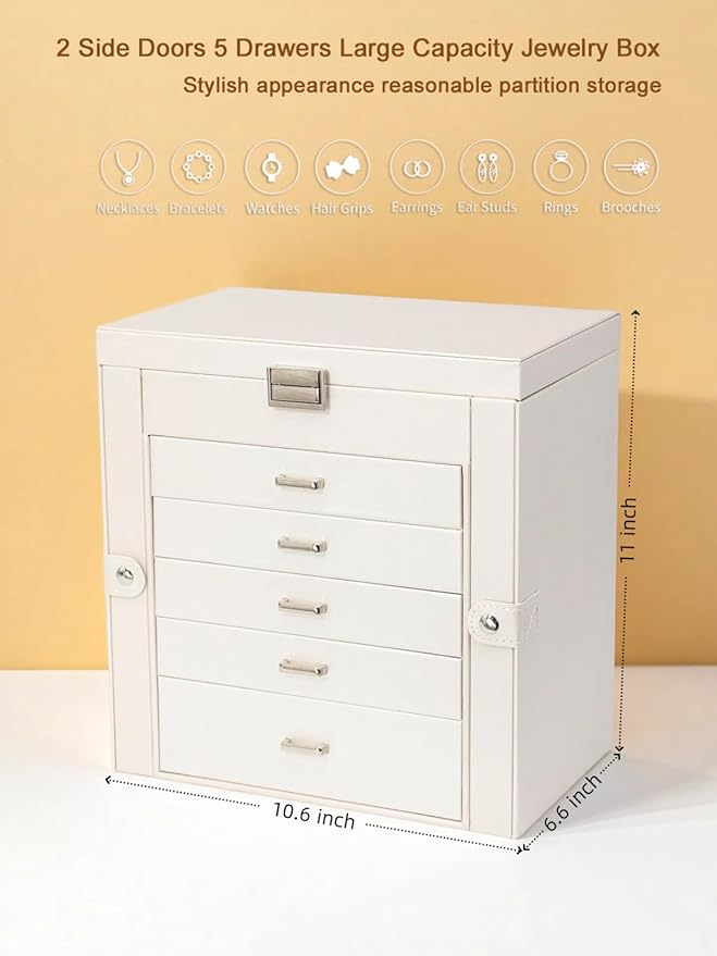 BOOVO Jewelry Box For women, 6 Layer Large Jewelry Organizer With Mirror, Multi-Function Storage Box With Lock, Accessory Holder With 5 Drawers, For Earrings Necklace Ring Bracelet (Pearl White)-CubbioJoy