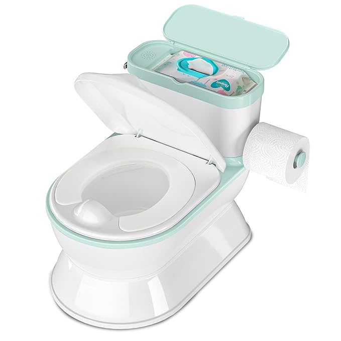 2-in-1 Toddler Potty Training Toilet - Larger Potty Chair & Detachable Training Seat for Boys & Girls Ages 1-3 with Flushing Sound, Wipes Storage, Toilet Paper Holder - Cyan-CubbioJoy