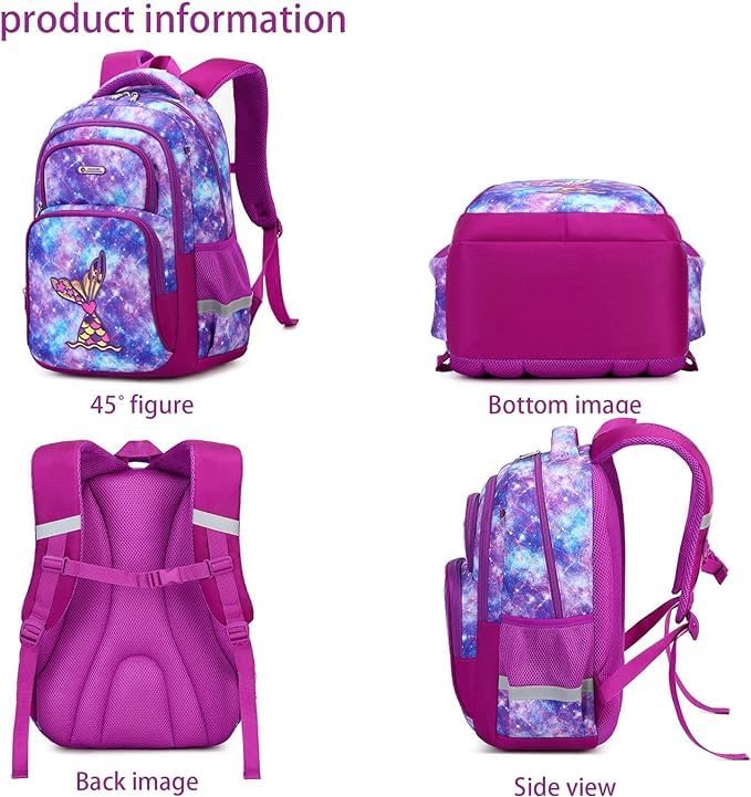 Cusangel Purple Mermaid 3pcs Set with Lunch Box Pencil Case,Multi Compartment Backpack, Dinosaur Backpack Chest Strap Side Pockets 16 Inch-CubbioJoy