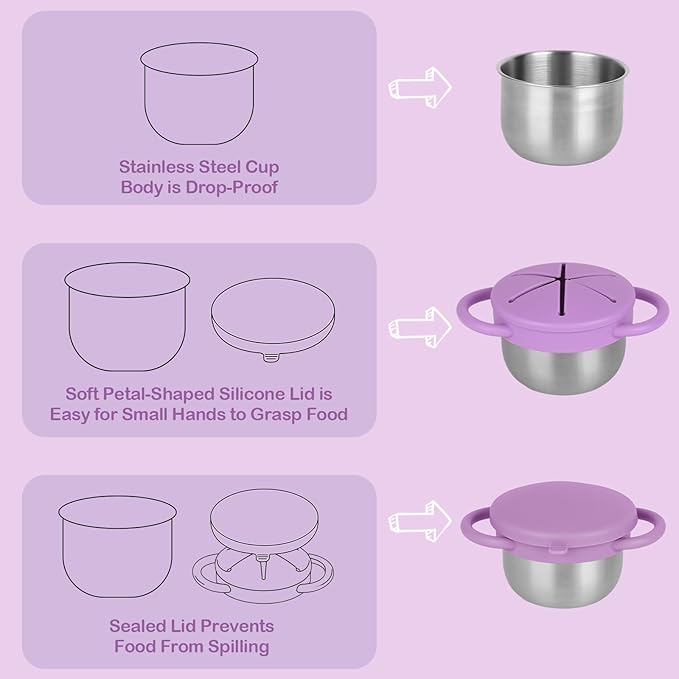 2 Pack Snack Cups for Toddlers Spill Proof - Detachable Stainless Steel Toddler Snack Cups with Silicone Lids & Handles - Dishwasher Safe Baby Snack Containers for Mess-Free Snacking (Red and Purple)-CubbioJoy