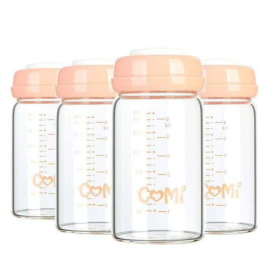 COMI Wide Neck Glass Breastmilk Collection n Storage Bottle, 4 Packs, 6oz with Screw Ring Sealing Disk; Re-markable Sealing Disc. BPA Free, Fits Breast Pumps & Nipples (4 Pink Lids)-CubbioJoy