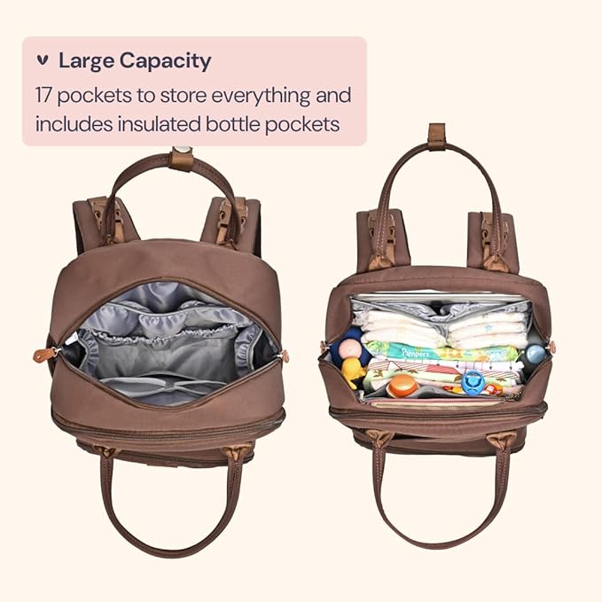 BabbleRoo Diaper Bag Backpack - Baby Essentials Travel Tote - Multi Function Waterproof Diaper Bag, Travel Essentials Baby Bag with Changing Pad, Stroller Straps & Pacifier Case - Unisex, Brown-CubbioJoy