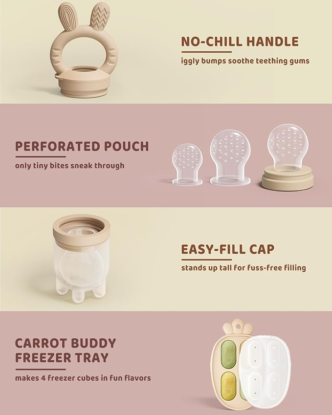 2 Packs Baby Fruit Feeder & Freezer Nibble Tray Combo, Push Pop Baby Food Feeder to Safely Introduce New Foods, Fresh & Frozen Food Silicone Feeder, 100% Food Grade, BPA Free (Caramel & Pink)-CubbioJoy