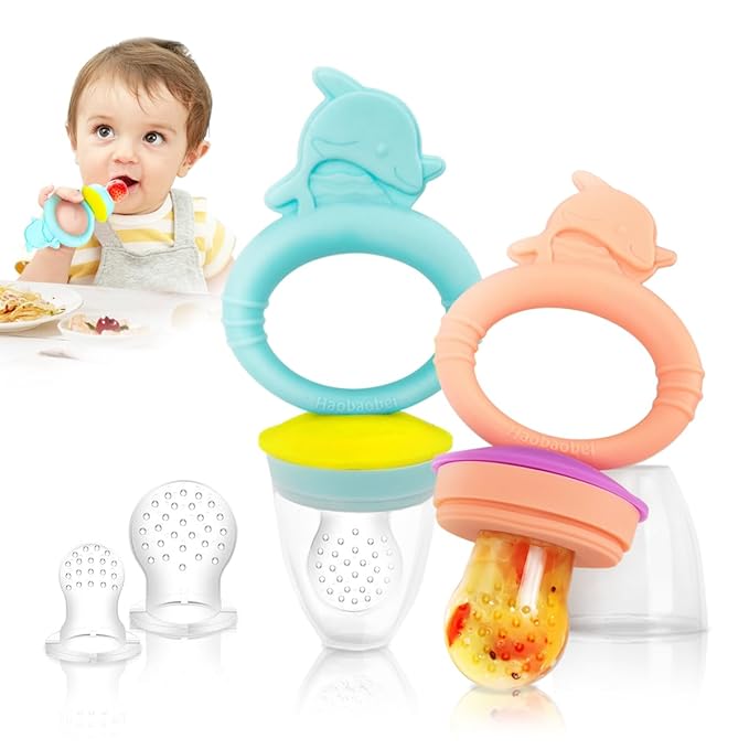 Baby Solids/Frozen Fruit Feeder Pacifier, Infant Teether Toy 4M+, BPA-Free Silicone Pouch & Nipple, Safely Introduce Solids, Teething Relief, 2-Pack (Dolphin - Blue Pink)-CubbioJoy