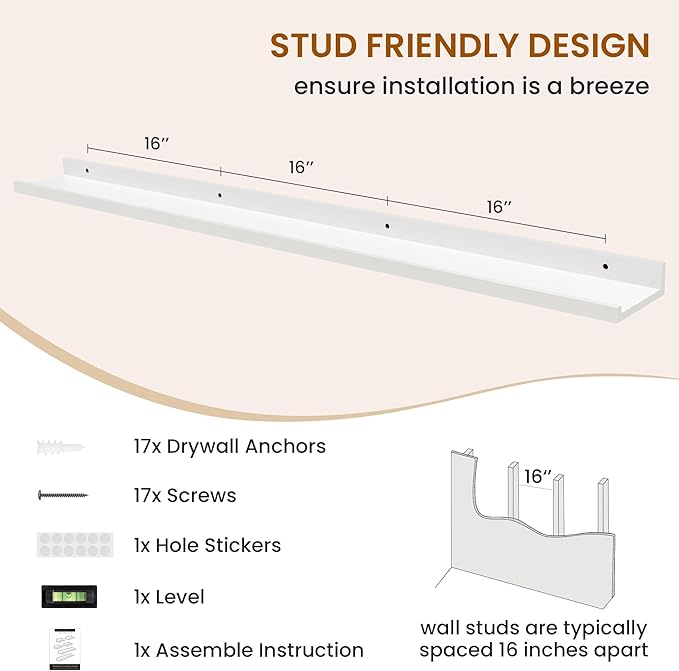 Axeman Picture Ledge Shelf, Floating Shelves for Wall Decor Storage Set of 6, 55 inch Floating Wall Mounted Shelves, Wall Shelves with Lip for Living Room, Bedroom, Nursery, Bathroom, Kitchen, White-CubbioJoy