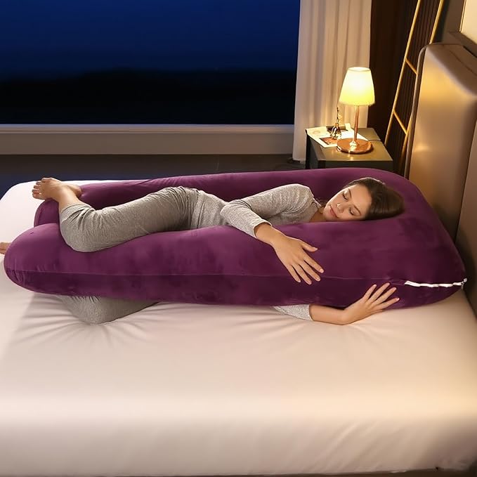 Amagoing 55 inches Pregnancy Pillows for Sleeping, U Shaped Maternity Full Body Pillow for Pregnant Women with Hip, Leg, Back, Belly Support, Washable Velvet Cover Included (Dark Purple)-CubbioJoy