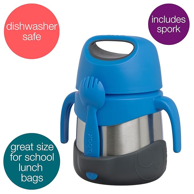 b.box Insulated Food Jar with Spork for Toddlers | Easy Open Container | Stainless Steel, 5hrs + of perfect temperatures | Dishwasher safe, BPA Free (Blue Slate, 11 oz)-CubbioJoy
