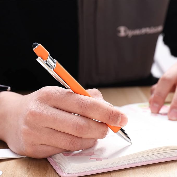 Ballpoint Pen with Stylus Tip, Soft Touch Click Metal Pen, 1.0mm Medium Point, Black Ink, 12 Count(Orange)-CubbioJoy