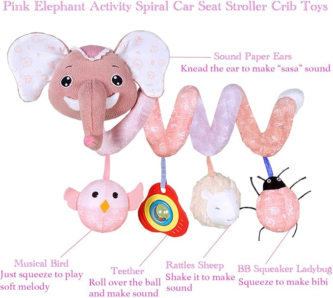 Car Seat Toys, Baby Stroller Toys Infant Spiral Hanging Toys for Crib Bar Bassinet Stroller Car Seat Mobile, Early Development Toys for Newborn Baby Girls 0 3 6 12 Months -Pink Elephant-CubbioJoy