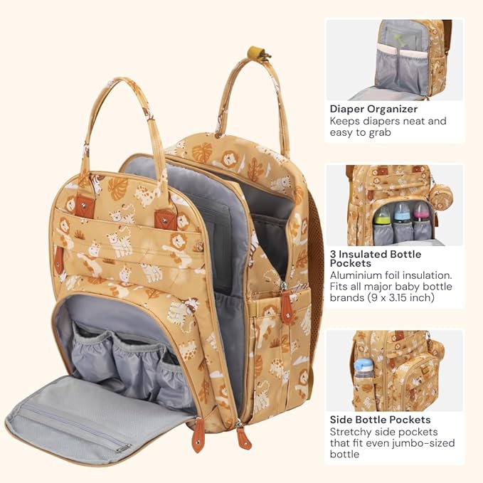 BabbleRoo Diaper Bag Backpack - Baby Essentials Travel Tote - Multi Function Water Resistant Diaper Bag, Travel Essentials Baby Bag with Changing Pad, Stroller Straps & Pacifier Case - Unisex, Safari-CubbioJoy