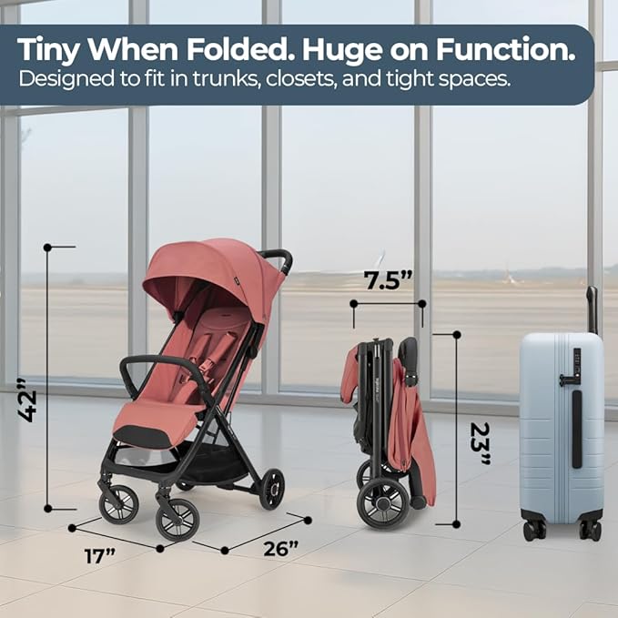 Inglesina Quid³ Stroller, Aurora Pink - Compact Reclining Travel Stroller for Baby & Toddler 0-55 lbs, One Hand fold, Car seat Compatible, Airplane Overhead, Lightweight, Foldable, XL UPF 50+ Canopy-CubbioJoy