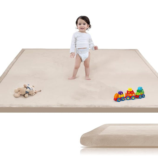 Baby Play Mat for Floor, 1.3" Thick Extra Large Cushioning Memory Foam Playpen Cushion, Soft Coral Velvet Tummy Time Mat with Non-Slip Backing, Child Nursery Rug for Toddlers, Kids (Beige, 79X59)-CubbioJoy