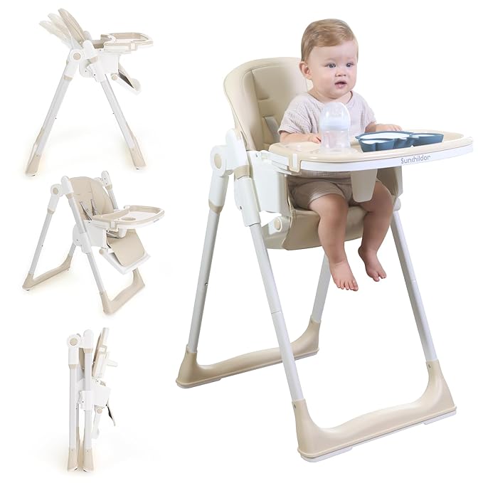 3 in 1 Baby High Chair with Wheels, Adjustable 5 Point Harness, Tray, Foot Rest, Backrest and Seat Height, Foldable High Chair for Toddlers, Beige-CubbioJoy