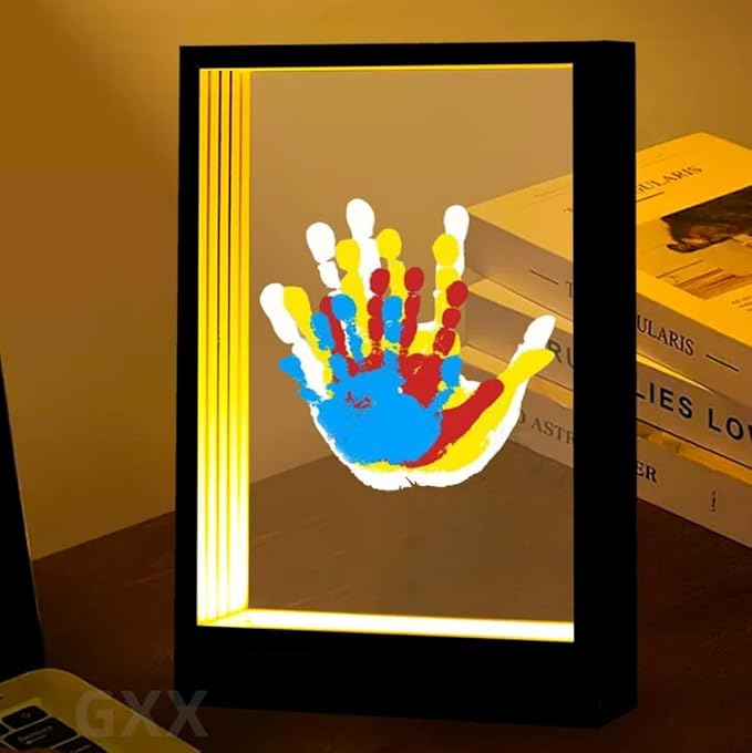 CHERRY CHEERS Family Handprint Kit with Light, Handprint Keepsake Frame, Wooden Led Light, Easy Install, No Need Screw etc, Non-Toxic Paints (Black)-CubbioJoy