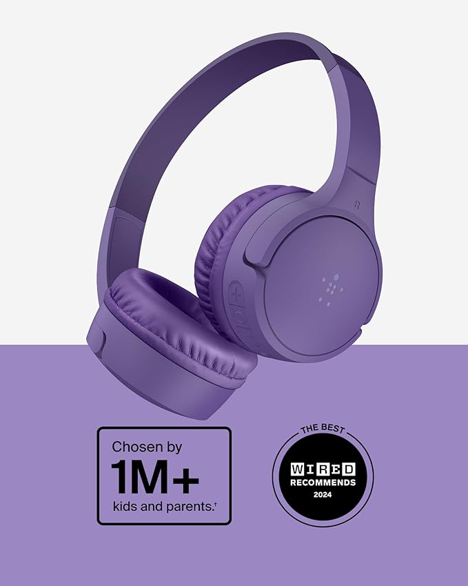 Belkin SoundForm Mini - Wireless Bluetooth Kids Headphones, 30H Battery, 85dB Safe Volume Limit, Built-in Microphone - Toddler On-Ear Earphones for iPhone, iPad - Ideal for School - Purple w/Case-CubbioJoy