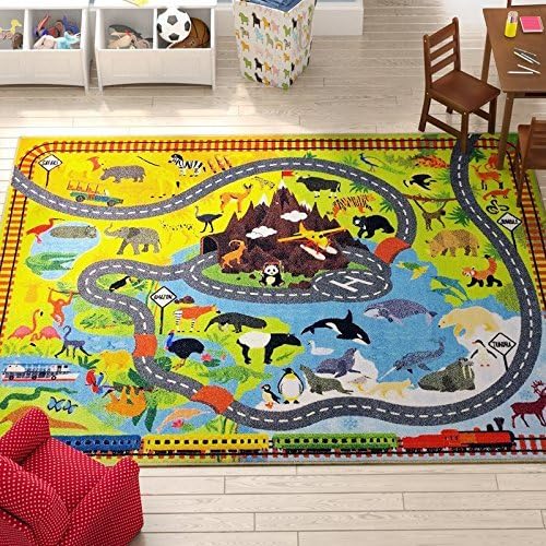 KC Cubs 3x5 Animal Safari Toy Car Road Rug – Educational Play Mat Carpet for Kids, Toddlers, Nursery, Classroom, Playroom, Baby Daycare, Boys & Girls-CubbioJoy