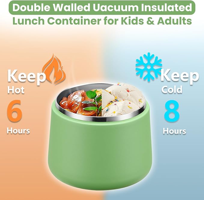 14oz Insulated Vacuum Food Jar with Buckle Lid,Soup Thermo for Hot Food Kids,Wide Mouth Leakproof Stainless Steel Lunch Container with Spoon-Green-CubbioJoy