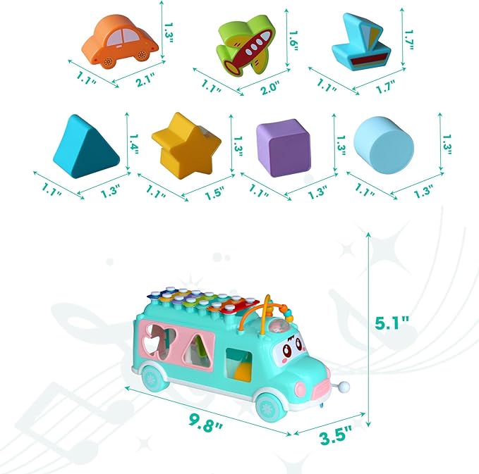 Baby Xylophone for Toddlers 1-3, Bus Shaped Toy Xylophone for Kids with Child Safe Mallet, Shape Sorting Educational Musical Toys and Instruments for Toddlers 1-3-CubbioJoy