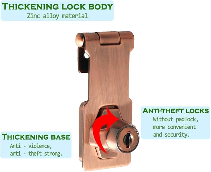 Alise Keyed Hasp Lock,3 Inch Safety Packlock Clasp Hasp Lock Latch with Lock,Door Hinge Lock with Keys Keyed Locking Hasp for Cabinets Closets Doors,Red Bronze-CubbioJoy