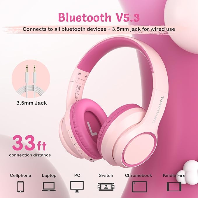 Active Noise Cancelling Headphones for Kids, 60H Playtime, Wireless Bluetooth Over-Ear Blue Headset Built-in Microphone for Home/School/Travel/Party - Includes Portable Case (Pink)-CubbioJoy