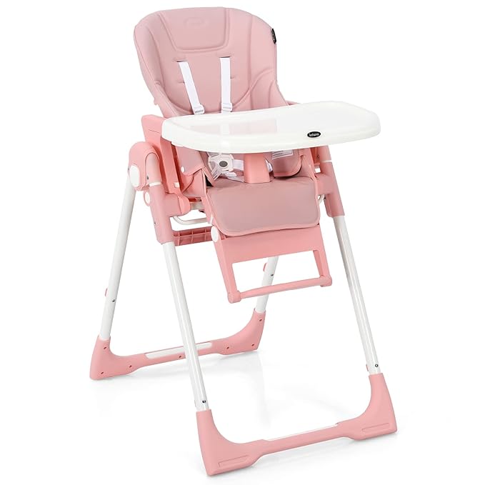 INFANS 4 in 1 High Chair–Booster Seat, Convertible Highchair w/Adjustable Height and Recline,Removable Tray,DetachableCushion, Installation-Free,Simple Fold for Baby, Infant& Toddler (Pink)-CubbioJoy