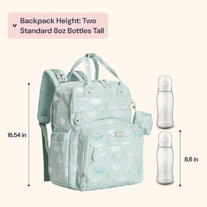 BabbleRoo Diaper Bag Backpack - Baby Essentials, Travel Essentials Baby Bag with Changing Pad, Stroller Straps & Pacifier Case - Unisex, Green Birdy-CubbioJoy