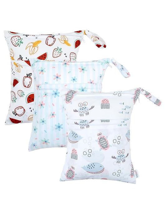 ALVABABY 3 Cloth Diaper Wet Dry Bags Waterproof Reusable with Two Zippered Pockets Travel Beach Pool Daycare Soiled Baby Items Yoga Gym Bag for Swimsuits or Wet Clothes Small Medium Large 3L-ZM27-CubbioJoy