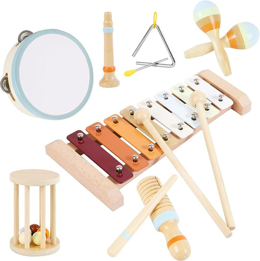 Baby Musical Instruments Neutral Colors Percussion Instruments Set Montessori Wooden Toys for Toddlers 1-3 with Xylophone for Kids Preschool Educational 3+ Wood Musical Toy 8pcs-CubbioJoy