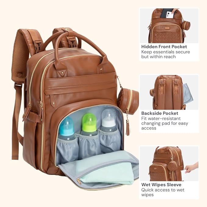 BabbleRoo Leather Diaper Bag Backpack - Baby Essentials Travel Baby Bag, Multi function, Waterproof, with Changing Pad, Stroller Straps & Pacifier Case – Unisex, Natural Brown-CubbioJoy