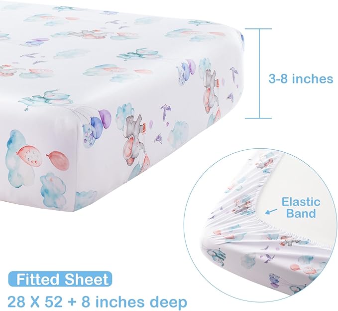 4 Piece Crib Bedding Set for Boys Girls, Infant Toddler Nursery Baby Bedding Sets Includes Cartoon Quilt, Fitted Crib Sheet, Crib Skirt and Plush Elephant Toy-CubbioJoy