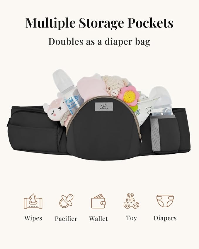 Baby Carrier Pro, MOMTORY Safety-Certified 6-in-1 Ultra Storage Baby Carrier Newborn to Toddler, Front & Back Baby Holder Carrier with Hip Seat, Pure Black-CubbioJoy