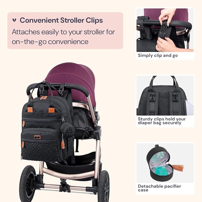 BabbleRoo Diaper Bag Backpack - Baby Essentials Travel Tote - Multi Function Waterproof Diaper Bag, Travel Essentials Baby Bag with Changing Pad, Stroller Straps & Pacifier Case - Unisex, Black-CubbioJoy