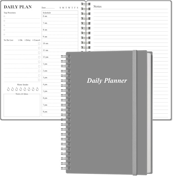 Daily Planner Undated - A5 To Do List Notebook Hourly Schedules, Spiral Appointment Planner for Women and Men, PVC Hardcover, Inner Pocket, Elastic Closure, 5.8" x 8.3", Grey-CubbioJoy