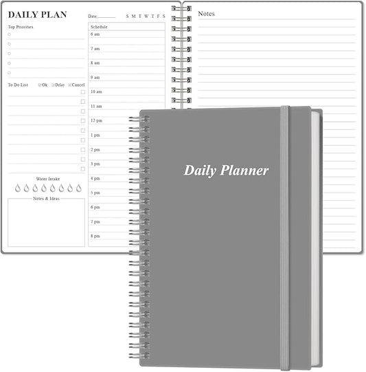 Daily Planner Undated - A5 To Do List Notebook Hourly Schedules, Spiral Appointment Planner for Women and Men, PVC Hardcover, Inner Pocket, Elastic Closure, 5.8" x 8.3", Grey-CubbioJoy