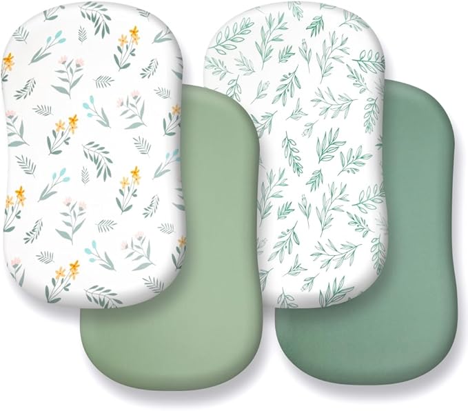 4 Pack Sage Green Fitted Nursery Sheets Breathable Neutral Unisex Baby Sheets for Boys or Girls with Leaf and Flower Design (Bassinet)-CubbioJoy